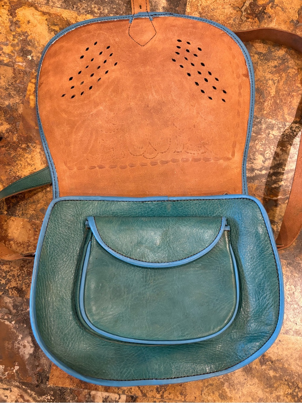 Teal Leather Crossbody Saddle Bag with Blue Trim